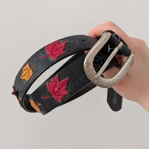 Gasoline Black Leather Belt with Red and Yellow Leaf Appliqués